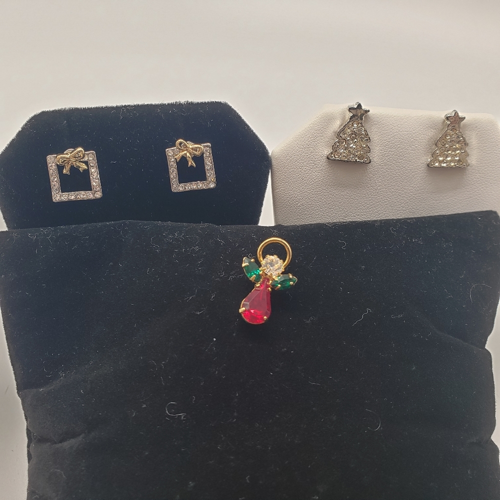 Christmas. Angel Tack Pin, Tree & Present Earrings View 2